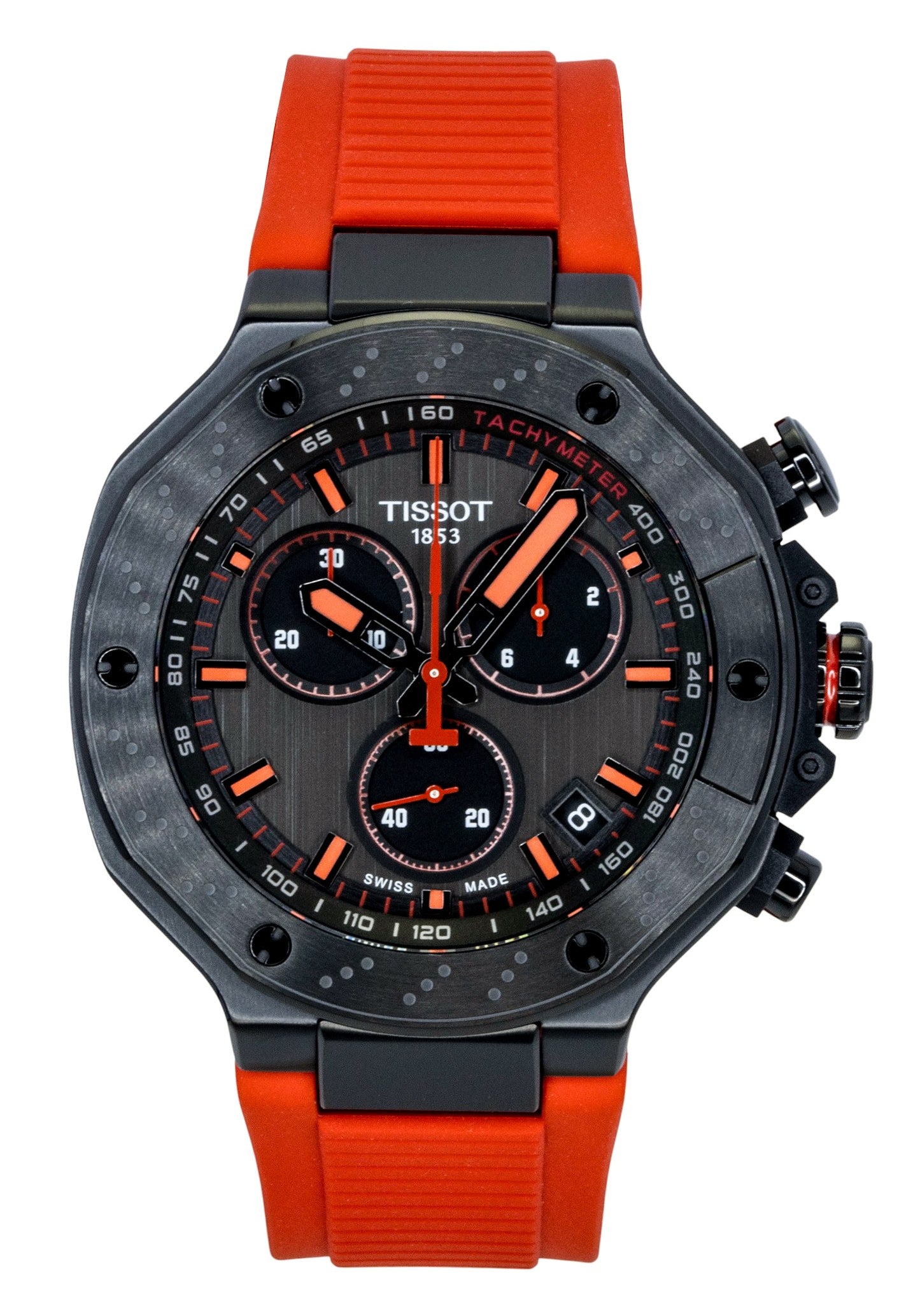 Tissot T-Race Chronograph Synthetic Strap Dark Grey Dial. A brand-new Tissot T-Race watch featuring a Grey dial. Front view.