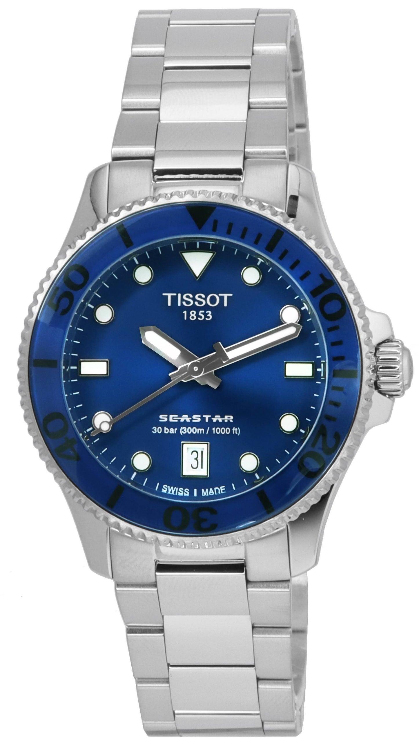Tissot T-Sport Seastar 1000 Blue Dial Quartz Diver's. A brand-new Tissot T-Sport watch featuring a Blue dial and a Stainless steel strap. Front view.