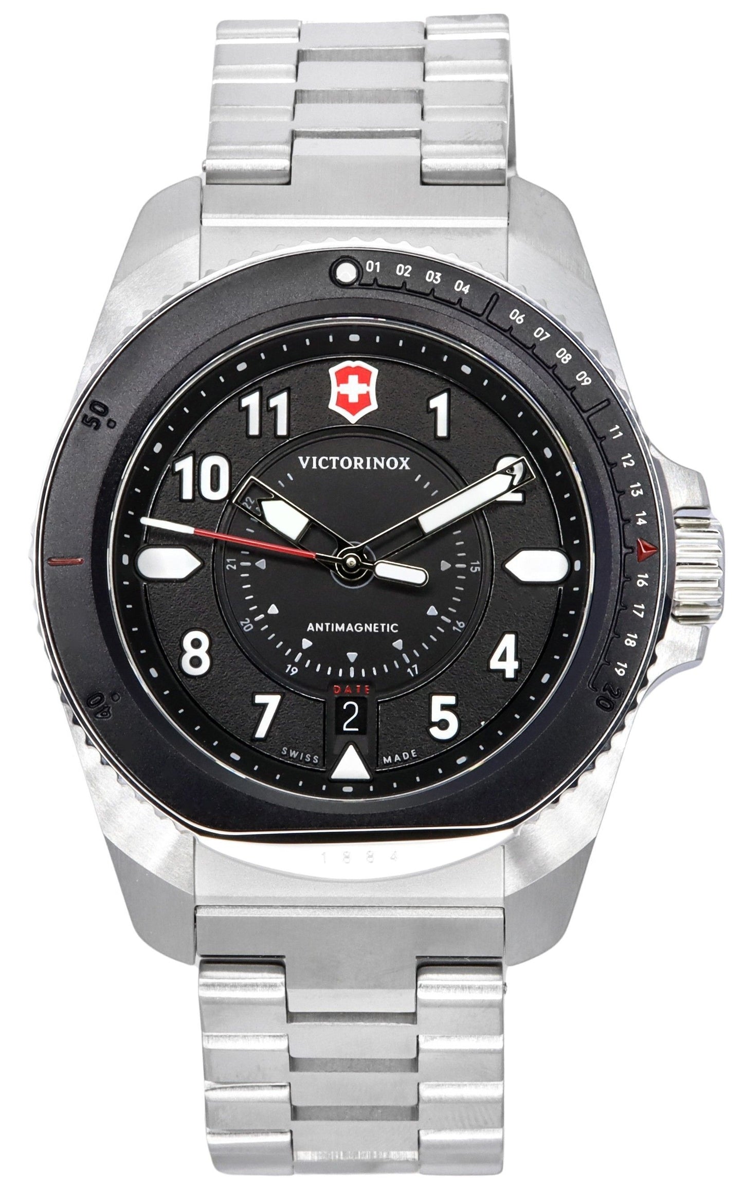 Victorinox Swiss Army Journey 1884 Antimagnetic Black Dial. A brand-new Victorinox Journey 1884 watch featuring a Black dial. Angled view.
