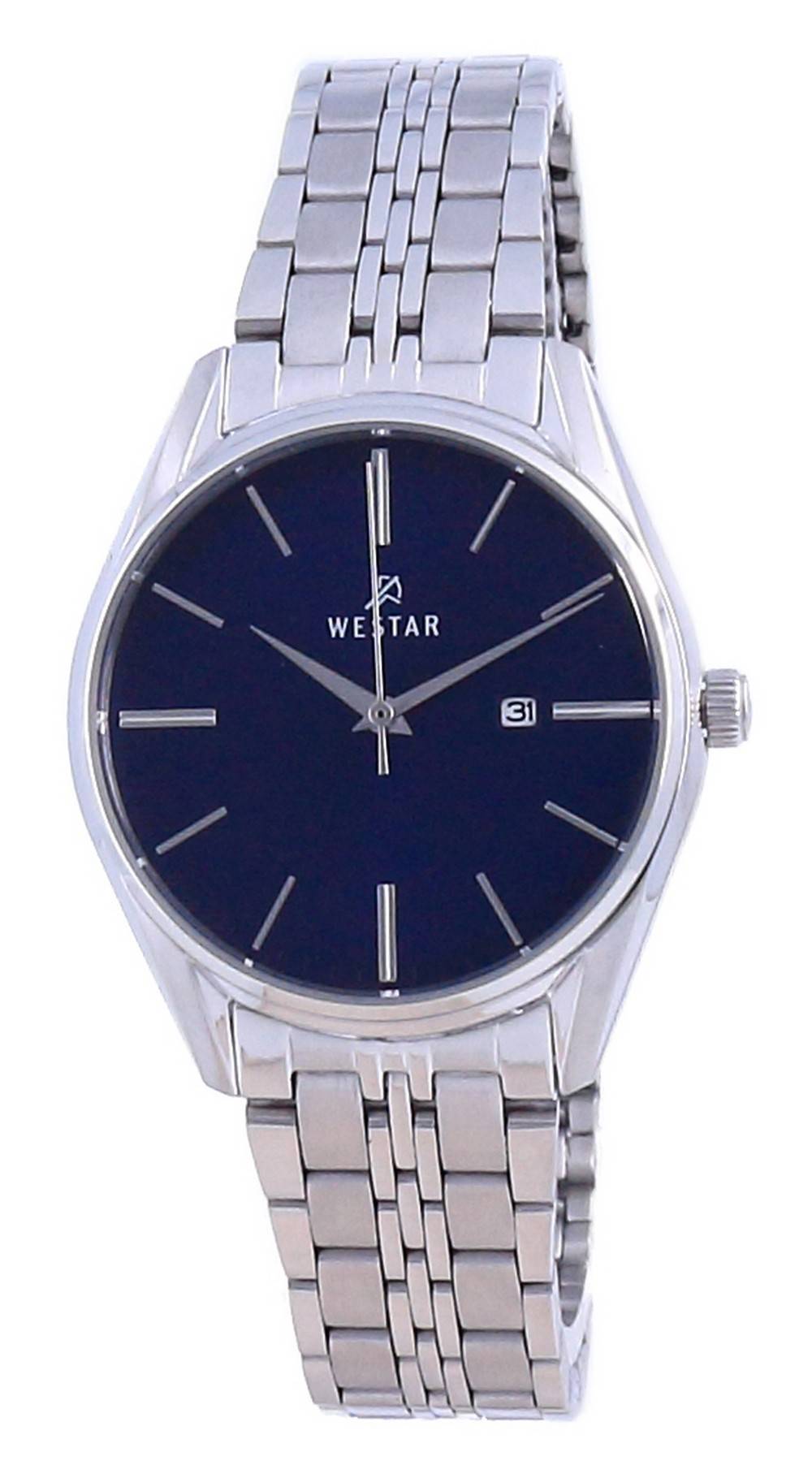 Westar Blue Dial Stainless Steel Quartz 40210 STN 104 Wo. A brand-new Westar watch featuring a Blue dial and a Stainless steel strap. Side view.