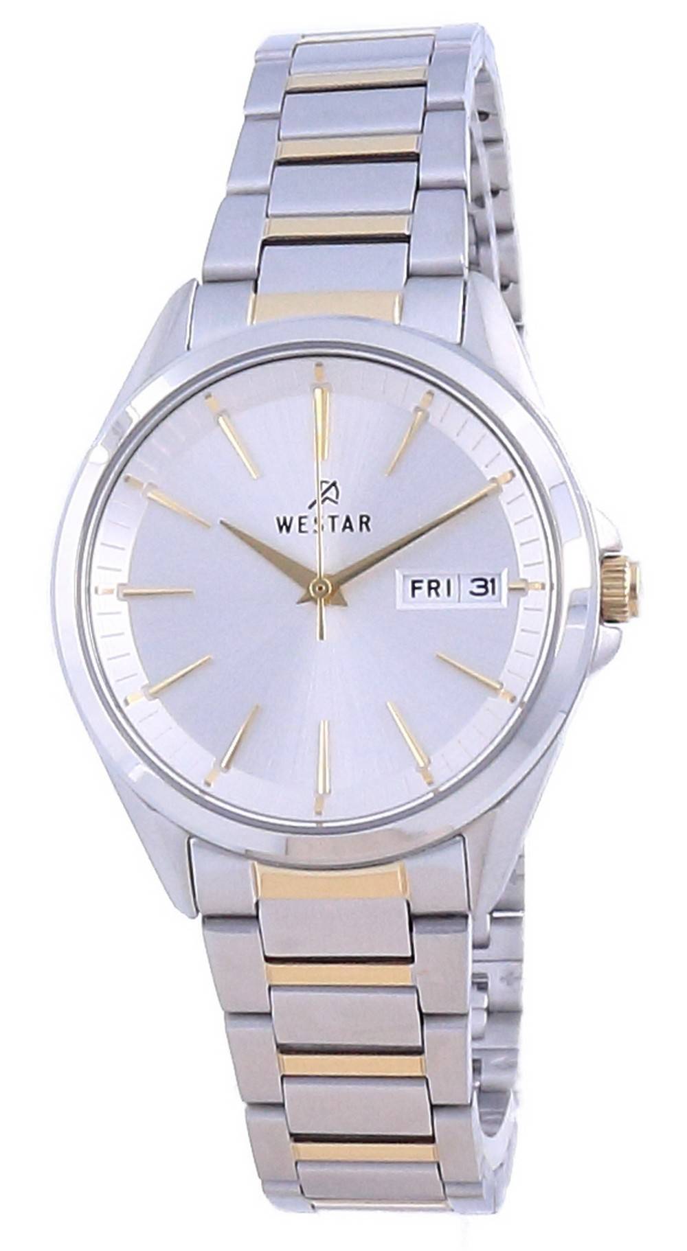 Westar Silver Dial Two Tone Stainless Steel Quartz 40212. A brand-new Westar watch featuring a Silver dial and a Stainless steel strap. Side view.