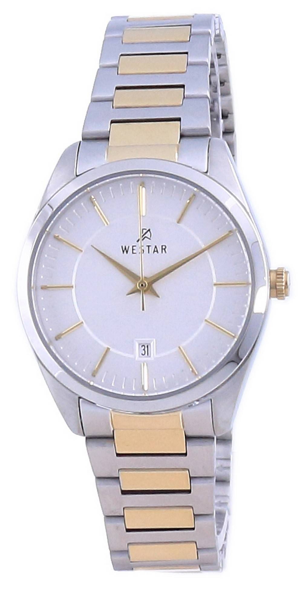 Westar Silver Dial Two Tone Stainless Steel Quartz 40213. A brand-new Westar watch featuring a Silver dial and a Stainless steel strap. Front view.