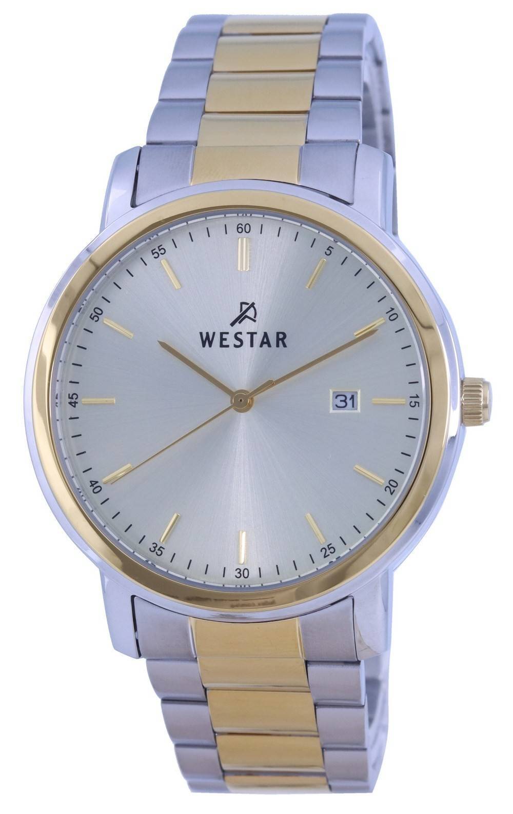 Westar Silver Dial Two Tone Stainless Steel Quartz 50243. A brand-new Westar watch featuring a Silver dial and a Stainless steel strap. Side view.