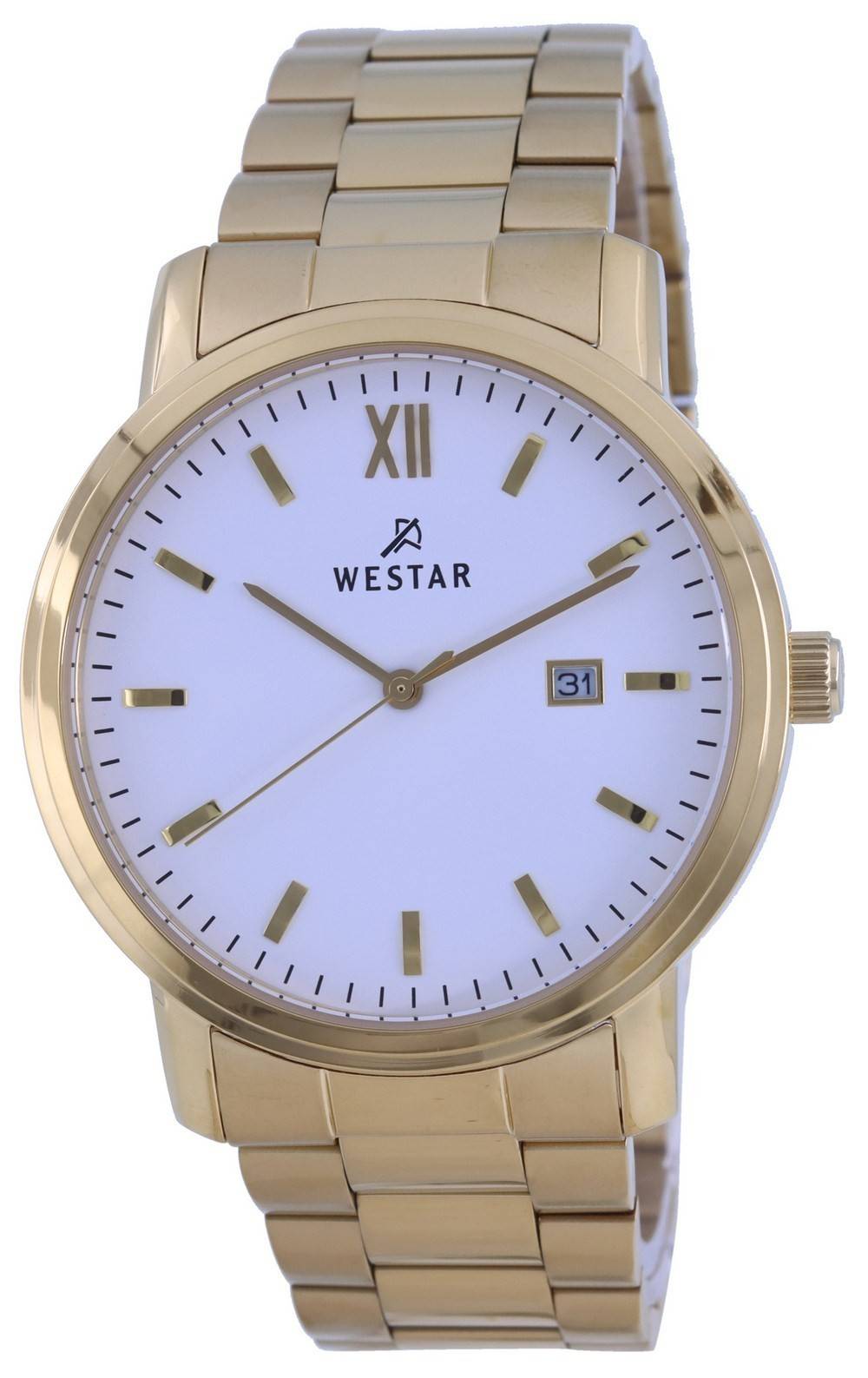Westar White Dial Gold Tone Stainless Steel Quartz 50245. A brand-new Westar watch featuring a White dial and a Stainless steel strap. Angled view.