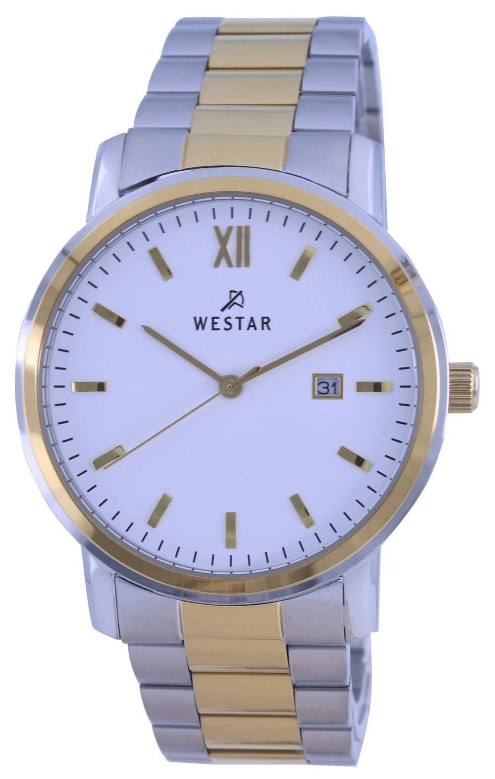 Westar White Dial Two Tone Stainless Steel Quartz 50245 CBN. A brand-new Westar watch featuring a White dial and a Stainless steel strap. Front view.