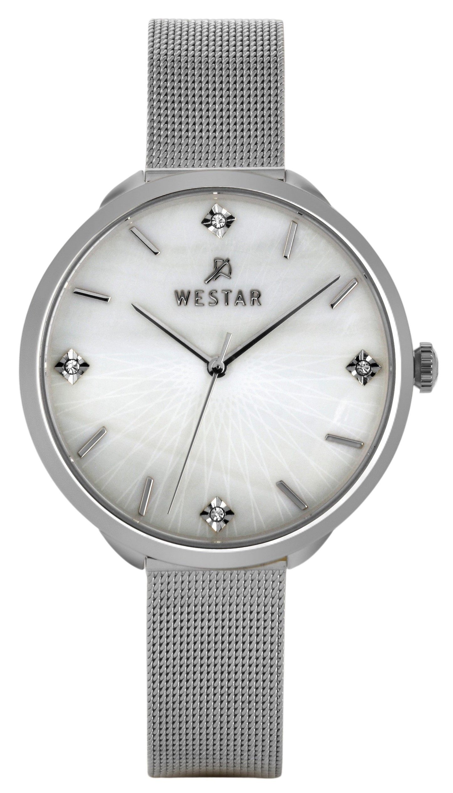 Westar Zing Crystal Accents Stainless Steel Mesh White. A brand-new Westar Zing watch featuring a Mother Of Pearl dial and a Stainless steel strap. Front view.