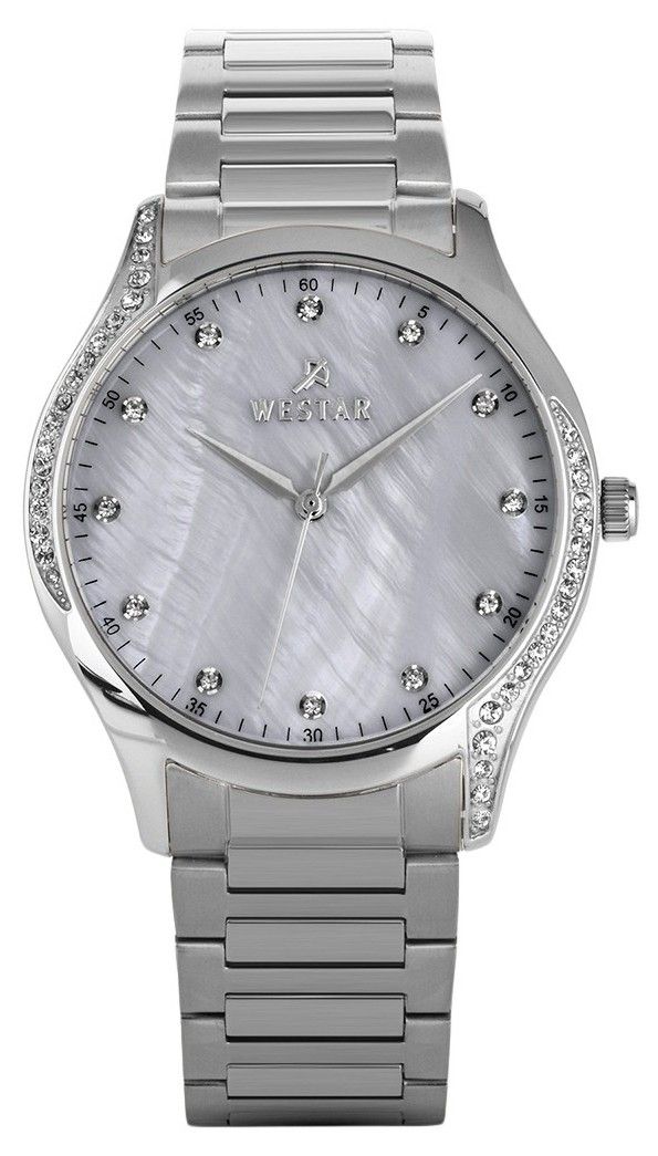 Westar Zing Crystal Accents Stainless Steel White Mother Of. A brand-new Westar Zing watch featuring a Mother Of Pearl dial and a Stainless steel strap. Angled view.