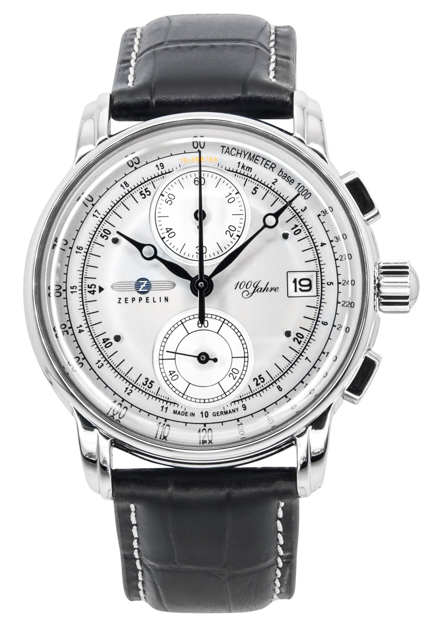 Zeppelin 100 Jahre Chronograph Leather Strap Silver Dial. A brand-new Zeppelin 100 Jahre watch featuring a Silver dial and a Leather strap. Side view.
