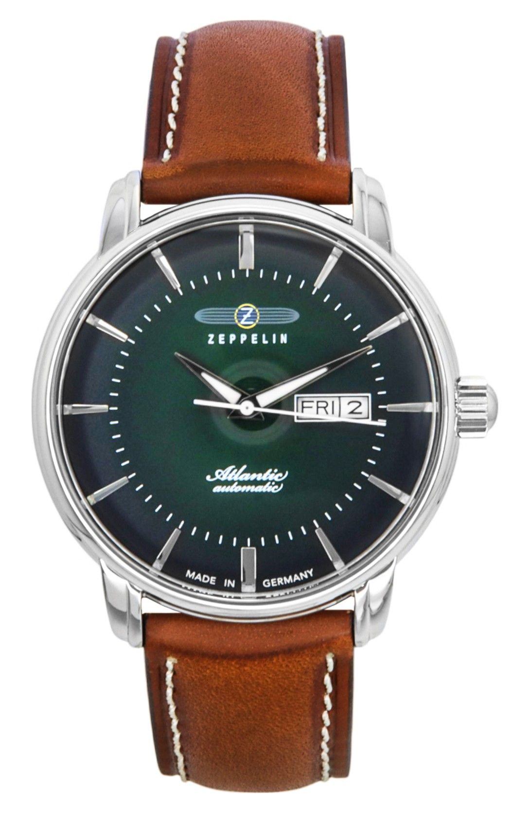 Zeppelin Atlantic Brown Leather Strap Green Dial Automatic. A brand-new Zeppelin Atlantic watch featuring a Green dial and a Leather strap. Front view.