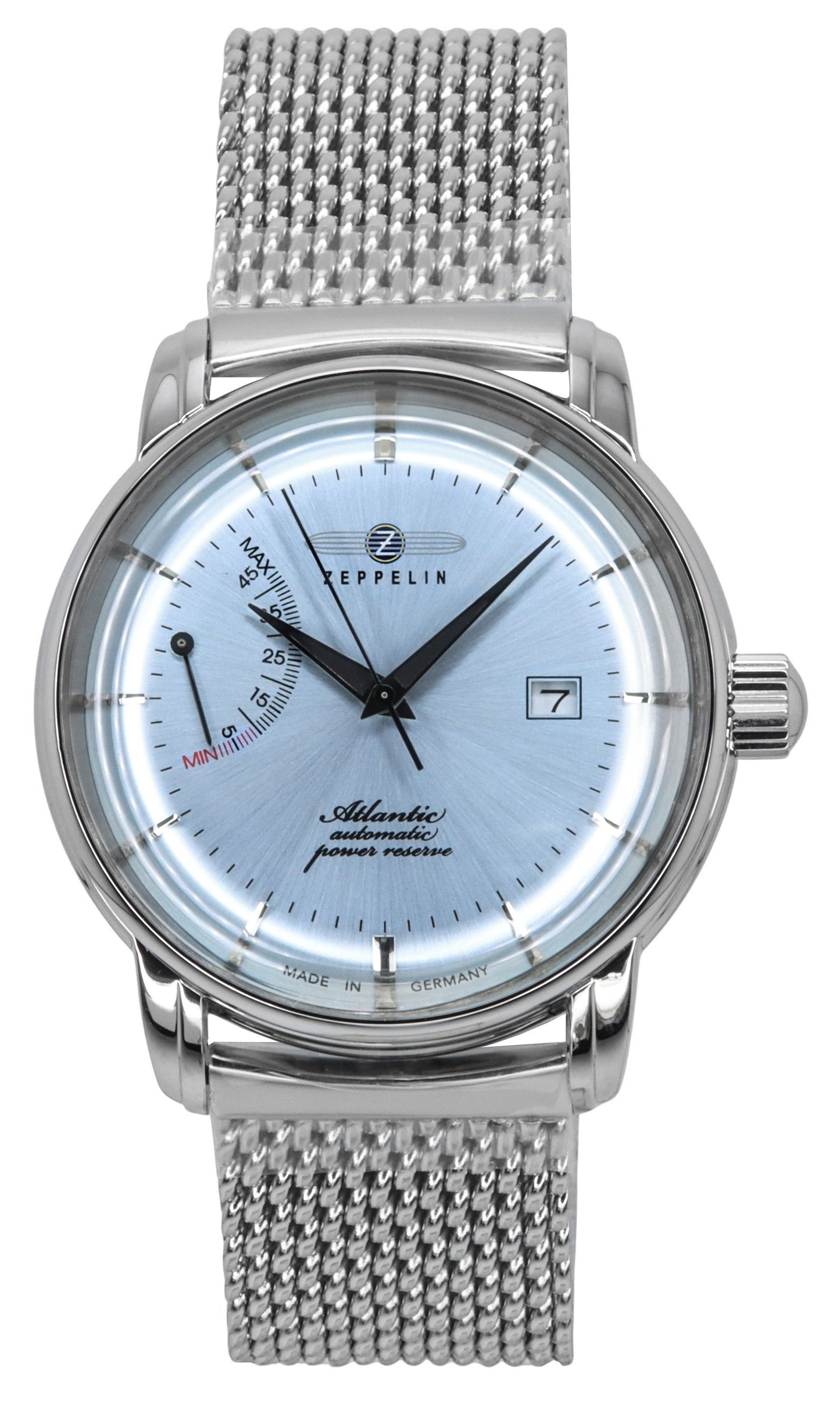 Zeppelin Atlantic Stainless Steel Ice Blue Dial Automatic. A brand-new Zeppelin Atlantic watch featuring a Blue dial and a Stainless steel strap. Front view.