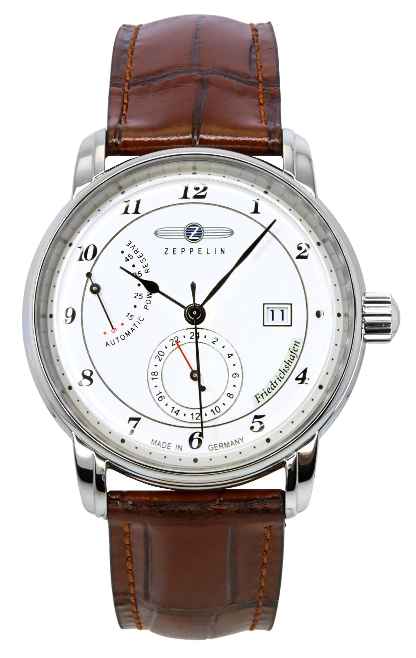 Zeppelin Friedrichshafen Leather Strap White Dial Automatic. A brand-new Zeppelin Friedrichshafen watch featuring a White dial and a Leather strap. Front view.