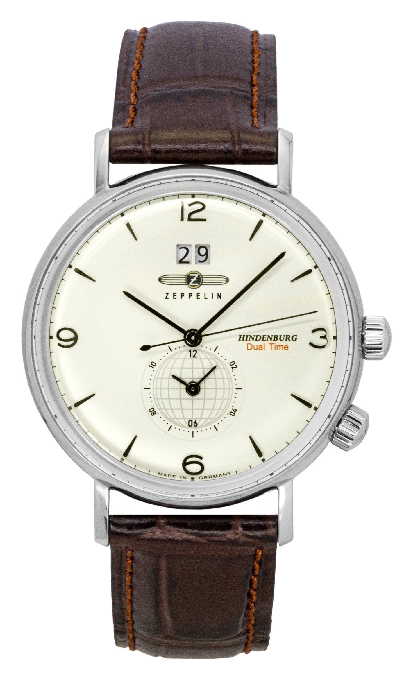 Zeppelin Hindenburg Brown Leather Strap Beige Dial Quartz. A brand-new Zeppelin Hindenburg watch featuring a Beige dial and a Leather strap. Front view.