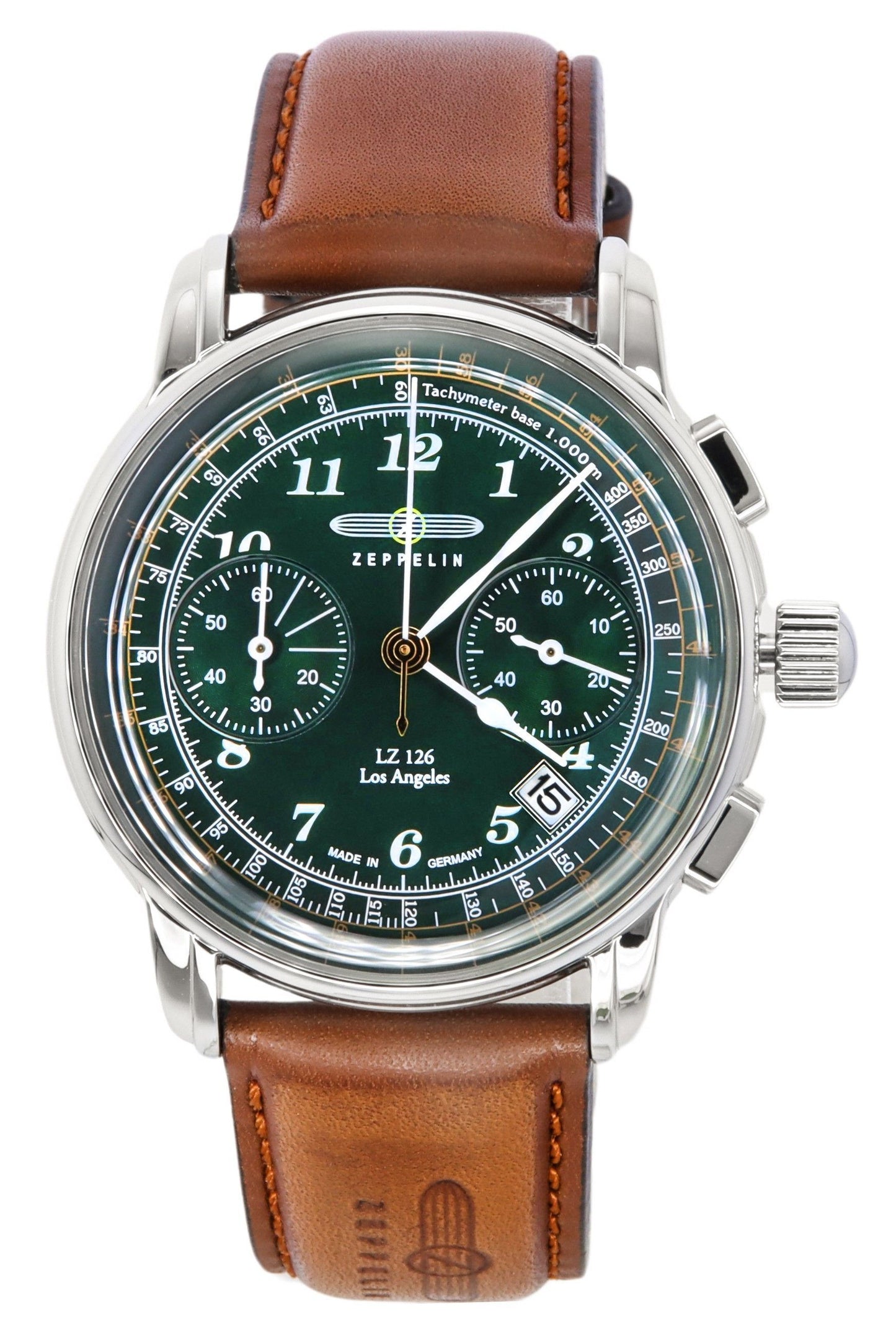 Zeppelin LZ126 Los Angeles Chronograph Leather Strap Green. A brand-new Zeppelin LZ126 Los Angeles watch featuring a Green dial and a Leather strap. Front view.