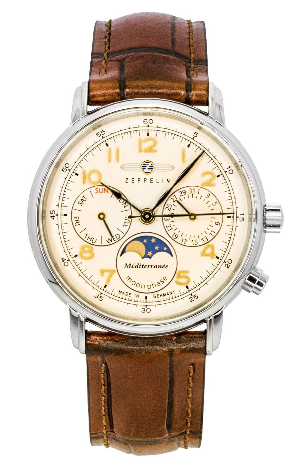 Zeppelin Mediterranee Moonphase Leather Strap Champagne. A brand-new Zeppelin watch featuring a Champagne dial and a Leather strap. Angled view.