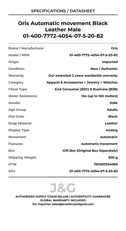 Oris Automatic movement Black Leather Male 01-400-7772-4054-07-5-20-82 - Specifications