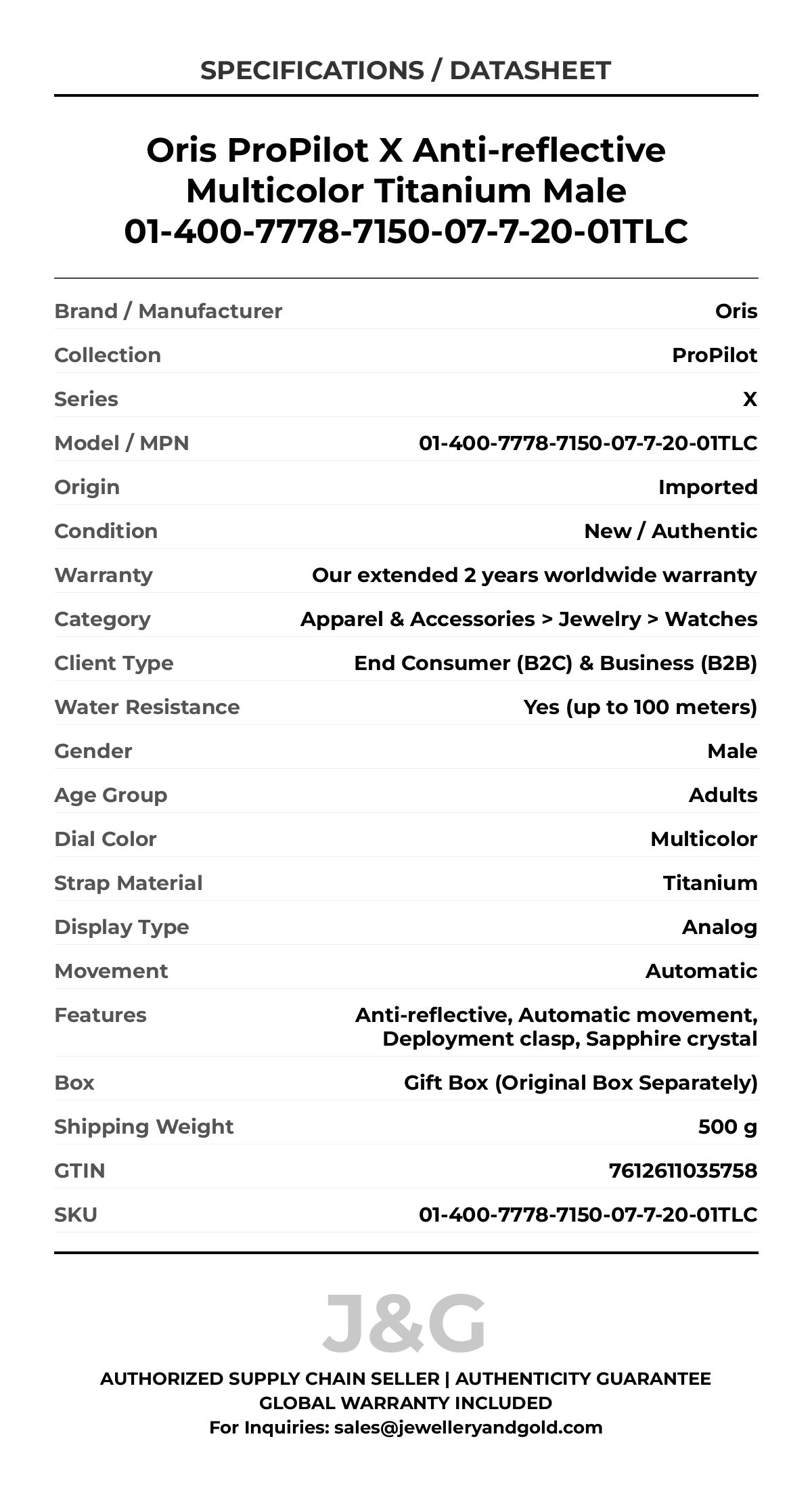 Oris ProPilot X Anti-reflective Multicolor Titanium Male 01-400-7778-7150-07-7-20-01TLC - Specifications