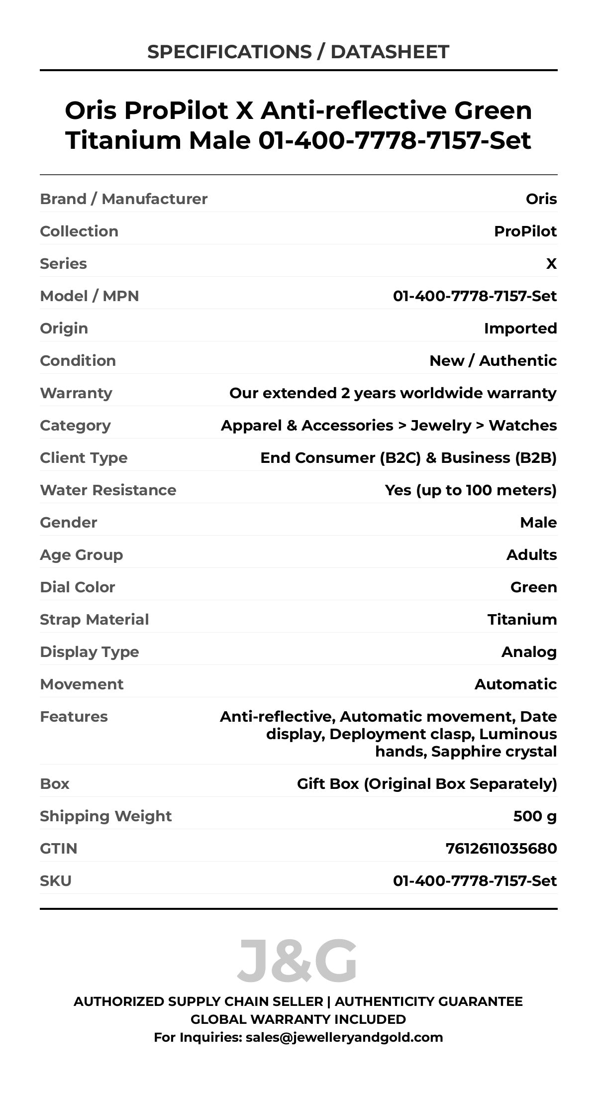 Oris ProPilot X Anti-reflective Green Titanium Male 01-400-7778-7157-Set - Specifications