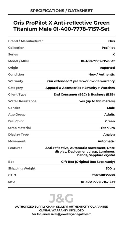 Oris ProPilot X Anti-reflective Green Titanium Male 01-400-7778-7157-Set - Specifications
