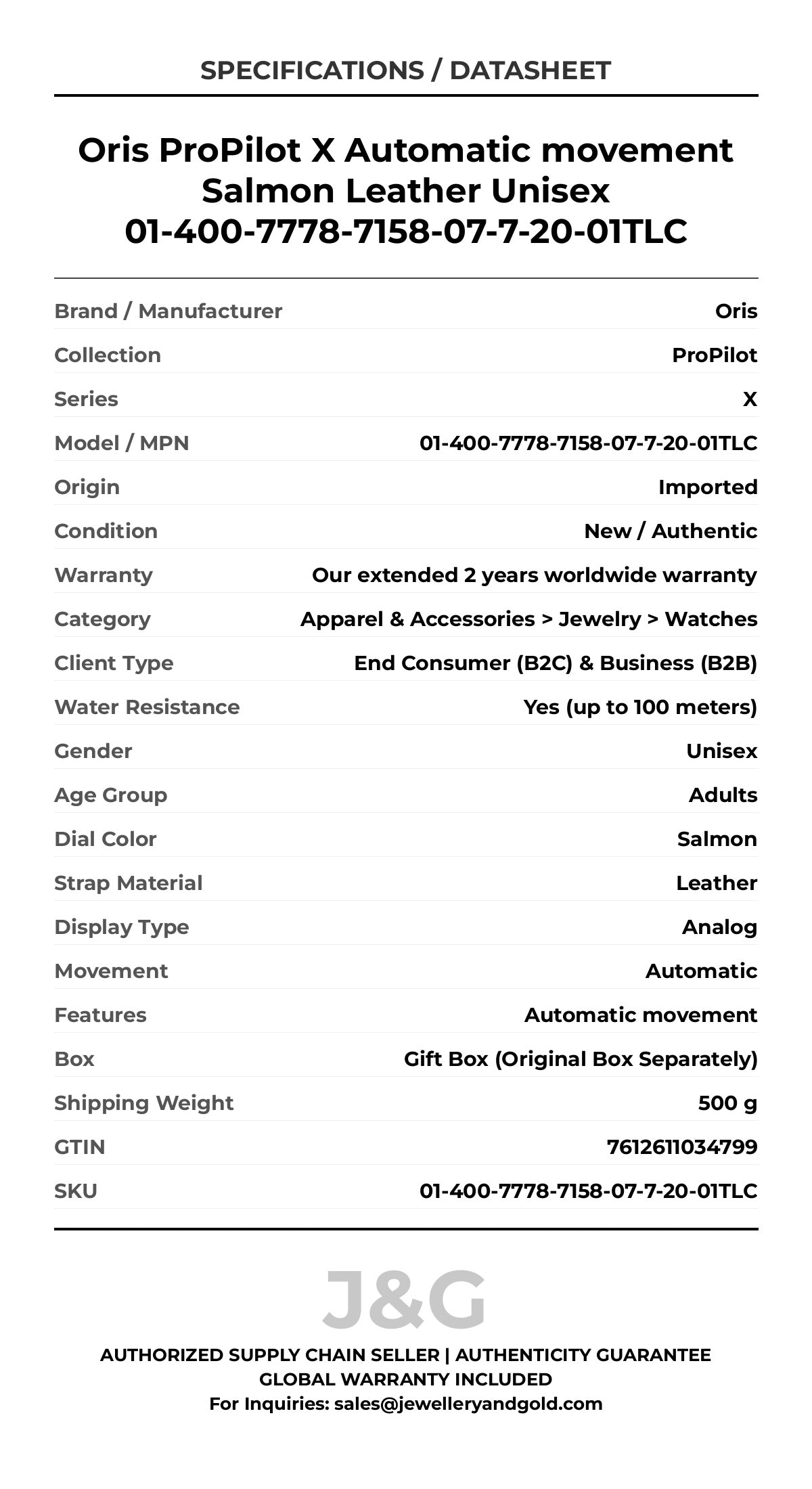 Oris ProPilot X Automatic movement Salmon Leather Unisex 01-400-7778-7158-07-7-20-01TLC - Specifications