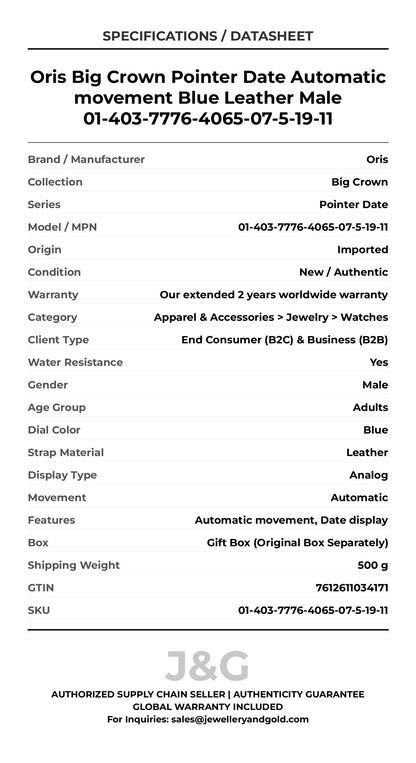 Oris Big Crown Pointer Date Automatic movement Blue Leather Male 01-403-7776-4065-07-5-19-11 - Specifications