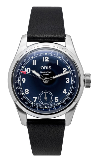 Oris Big Crown Pointer Date Automatic movement Blue Leather Male 01-403-7776-4065-07-5-19-11. A brand-new Oris Big Crown watch featuring a Blue dial and a Leather strap. Side view.