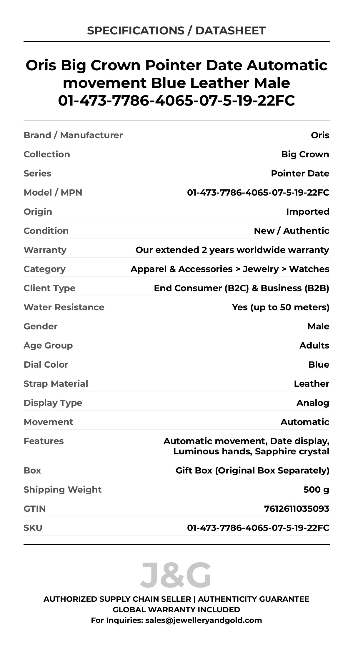 Oris Big Crown Pointer Date Automatic movement Blue Leather Male 01-473-7786-4065-07-5-19-22FC - Specifications