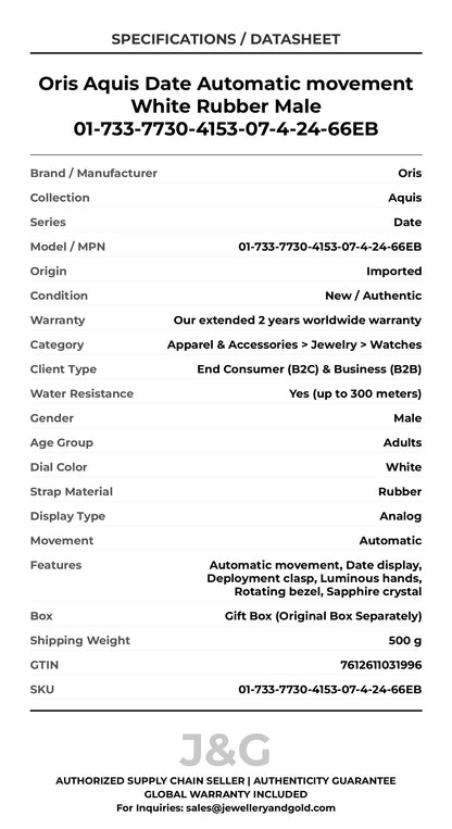 Oris Aquis Date Automatic movement White Rubber Male 01-733-7730-4153-07-4-24-66EB - Specifications