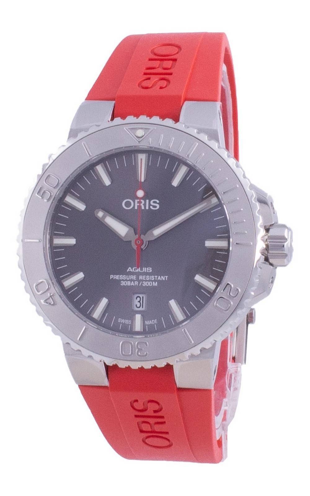 Oris Aquis Date Automatic movement White Rubber Male 01-733-7730-4153-07-4-24-66EB. A brand-new Oris Aquis watch featuring a White dial and a Rubber strap. Angled view.