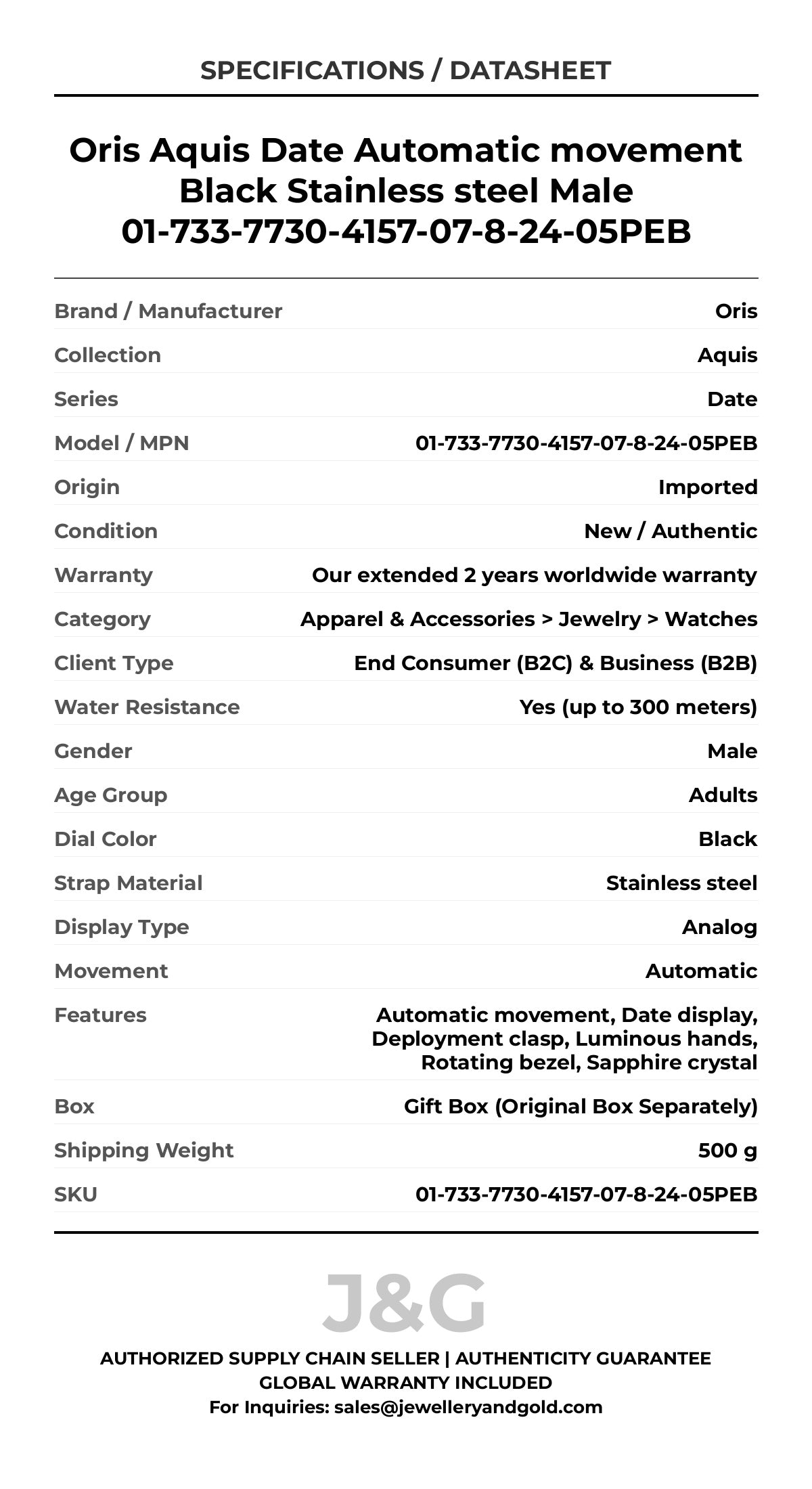 Oris Aquis Date Automatic movement Black Stainless steel Male 01-733-7730-4157-07-8-24-05PEB - Specifications