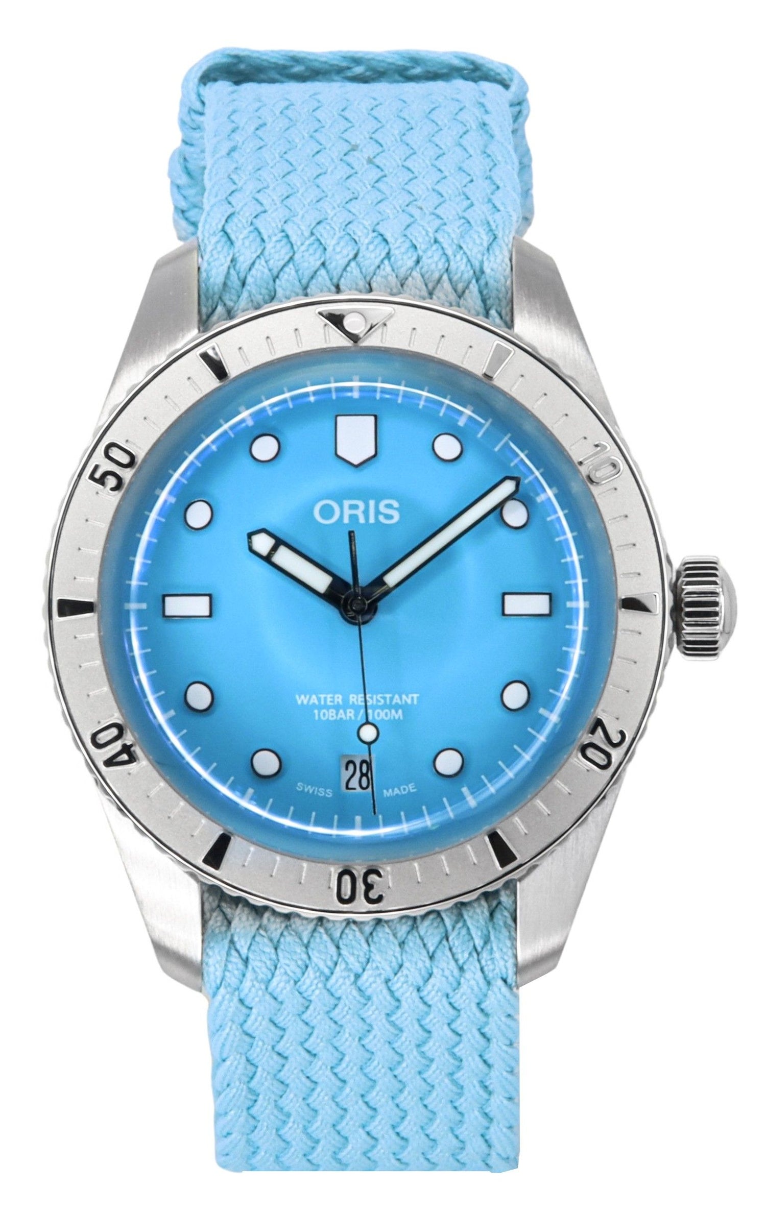 Oris Divers Sixty-Five Anti-reflective Blue Polyester Male 01-733-7771-4055-07-3-19-02S. A brand-new Oris Divers Sixty-Five watch featuring a Blue dial and a Polyester strap. Front view.