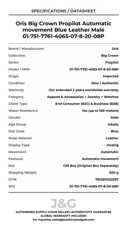 Oris Big Crown Propilot Automatic movement Blue Leather Male 01-751-7761-4065-07-8-20-08P - Specifications