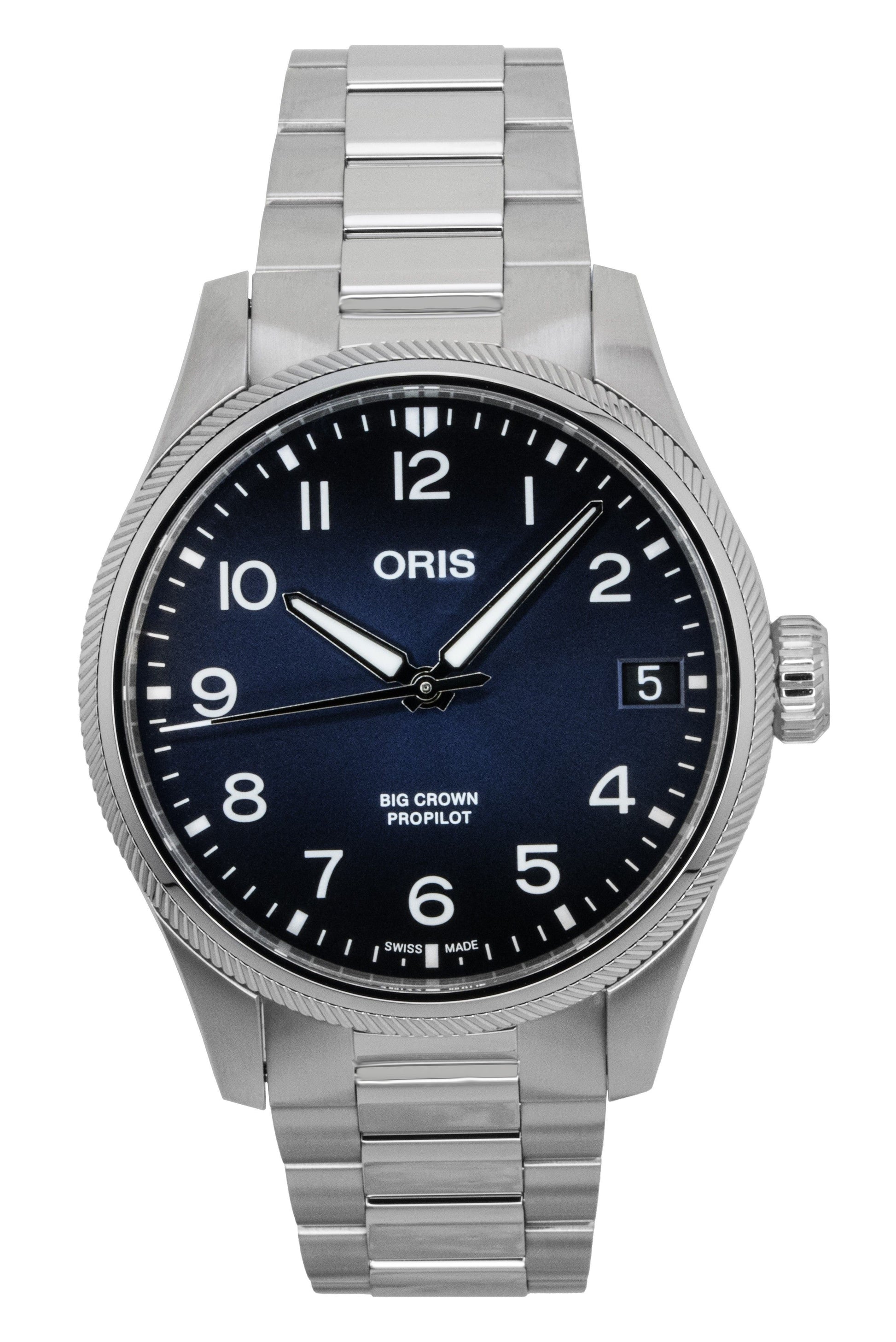 Oris Big Crown Propilot Automatic movement Blue Leather Male 01-751-7761-4065-07-8-20-08P. A brand-new Oris Big Crown watch featuring a Blue dial and a Leather strap. Front view.