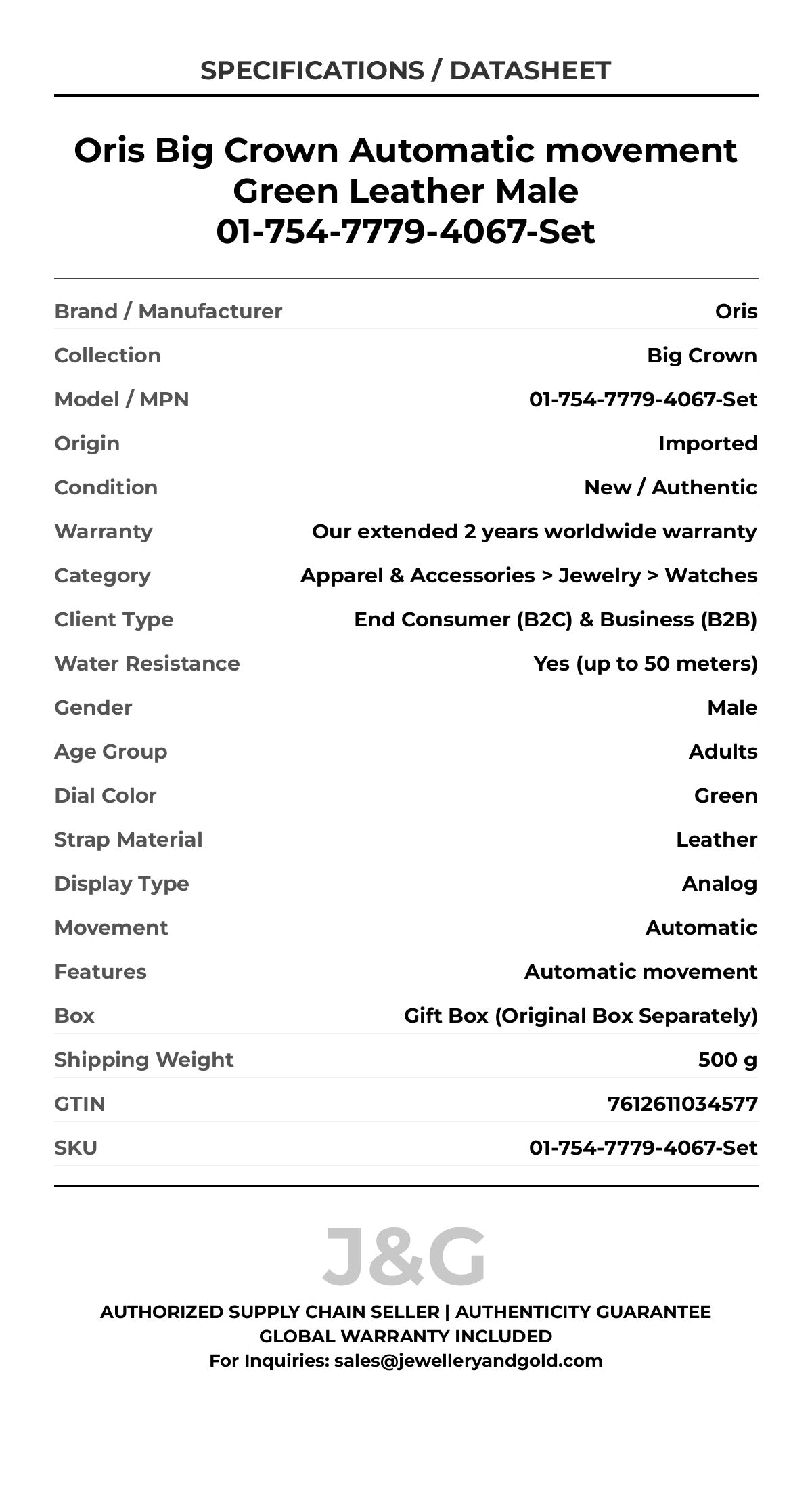 Oris Big Crown Automatic movement Green Leather Male 01-754-7779-4067-Set - Specifications