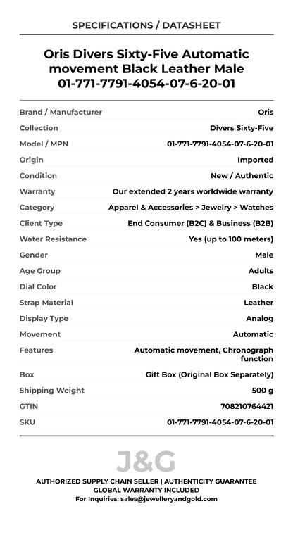 Oris Divers Sixty-Five Automatic movement Black Leather Male 01-771-7791-4054-07-6-20-01 - Specifications