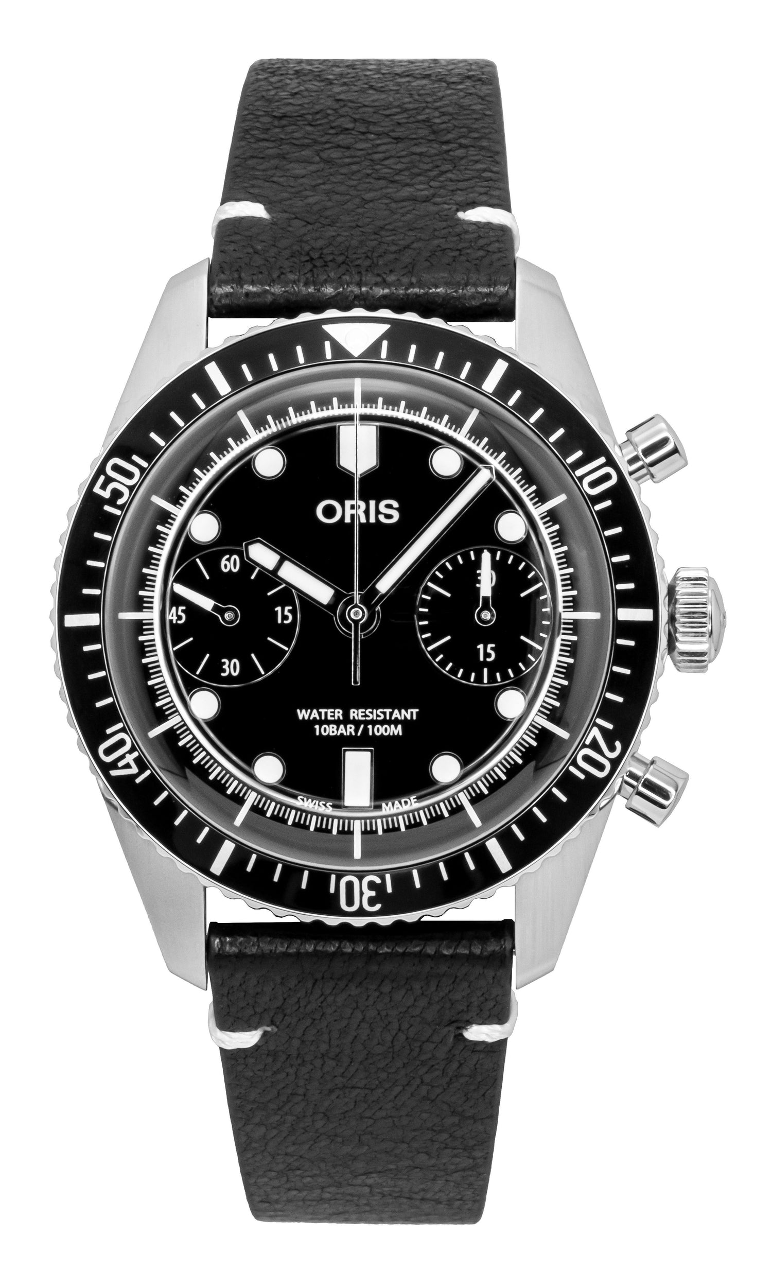 Oris Divers Sixty-Five Automatic movement Black Leather Male 01-771-7791-4054-07-6-20-01. A brand-new Oris Divers Sixty-Five watch featuring a Black dial and a Leather strap. Front view.