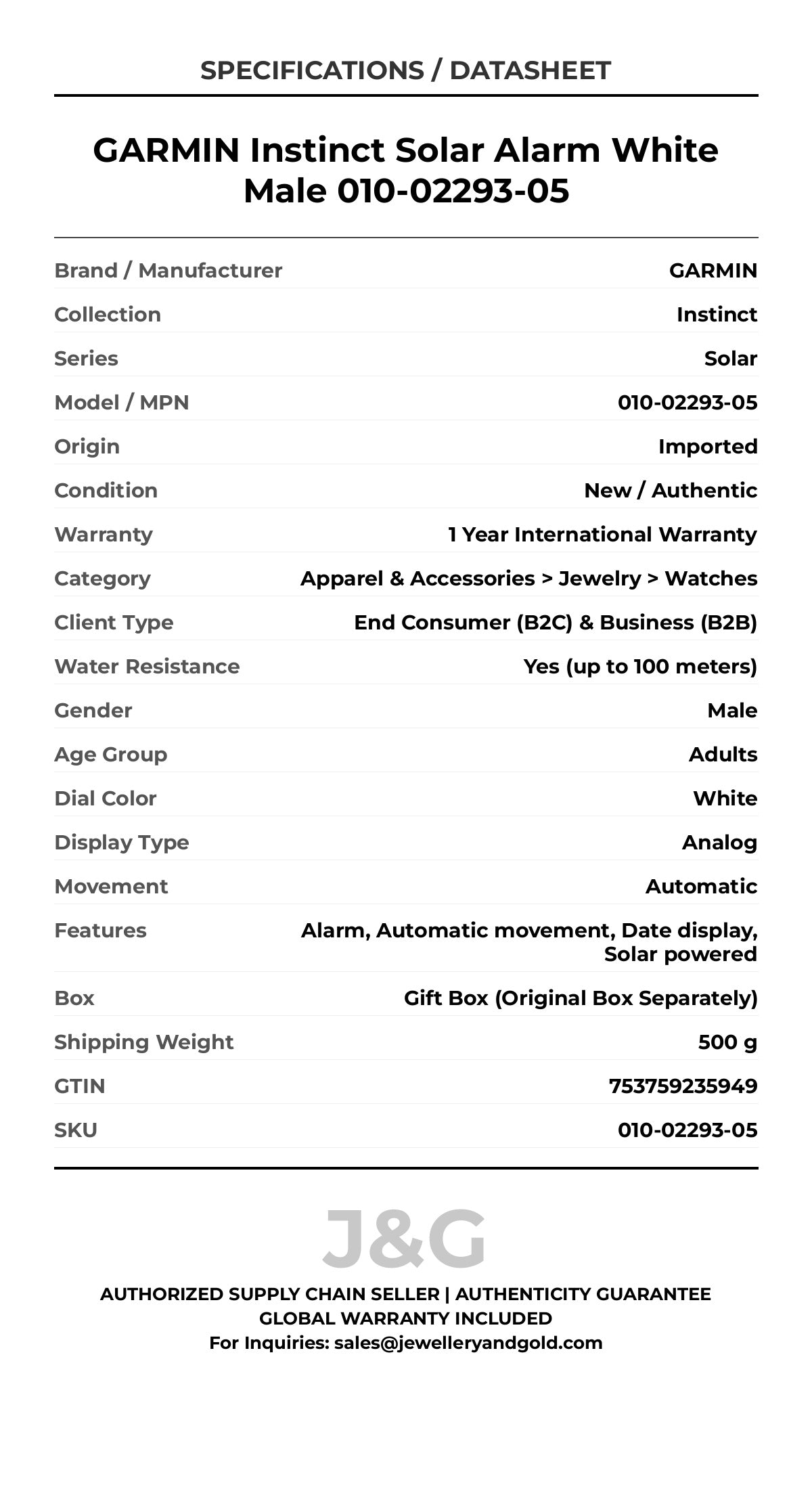 GARMIN Instinct Solar Alarm White Male 010-02293-05 - Specifications
