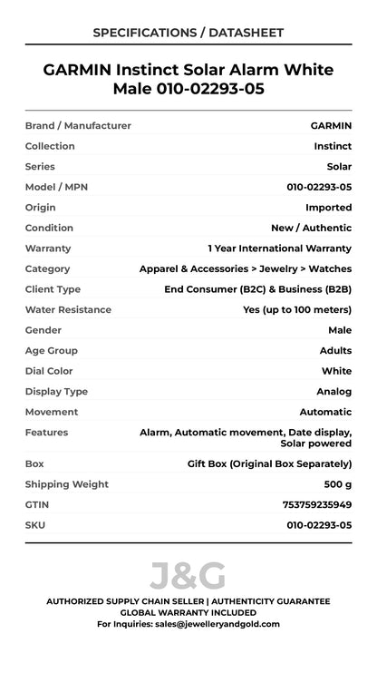 GARMIN Instinct Solar Alarm White Male 010-02293-05 - Specifications