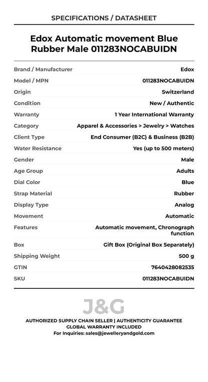 Edox Automatic movement Blue Rubber Male 011283NOCABUIDN - Specifications