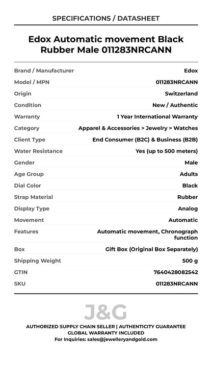Edox Automatic movement Black Rubber Male 011283NRCANN - Specifications