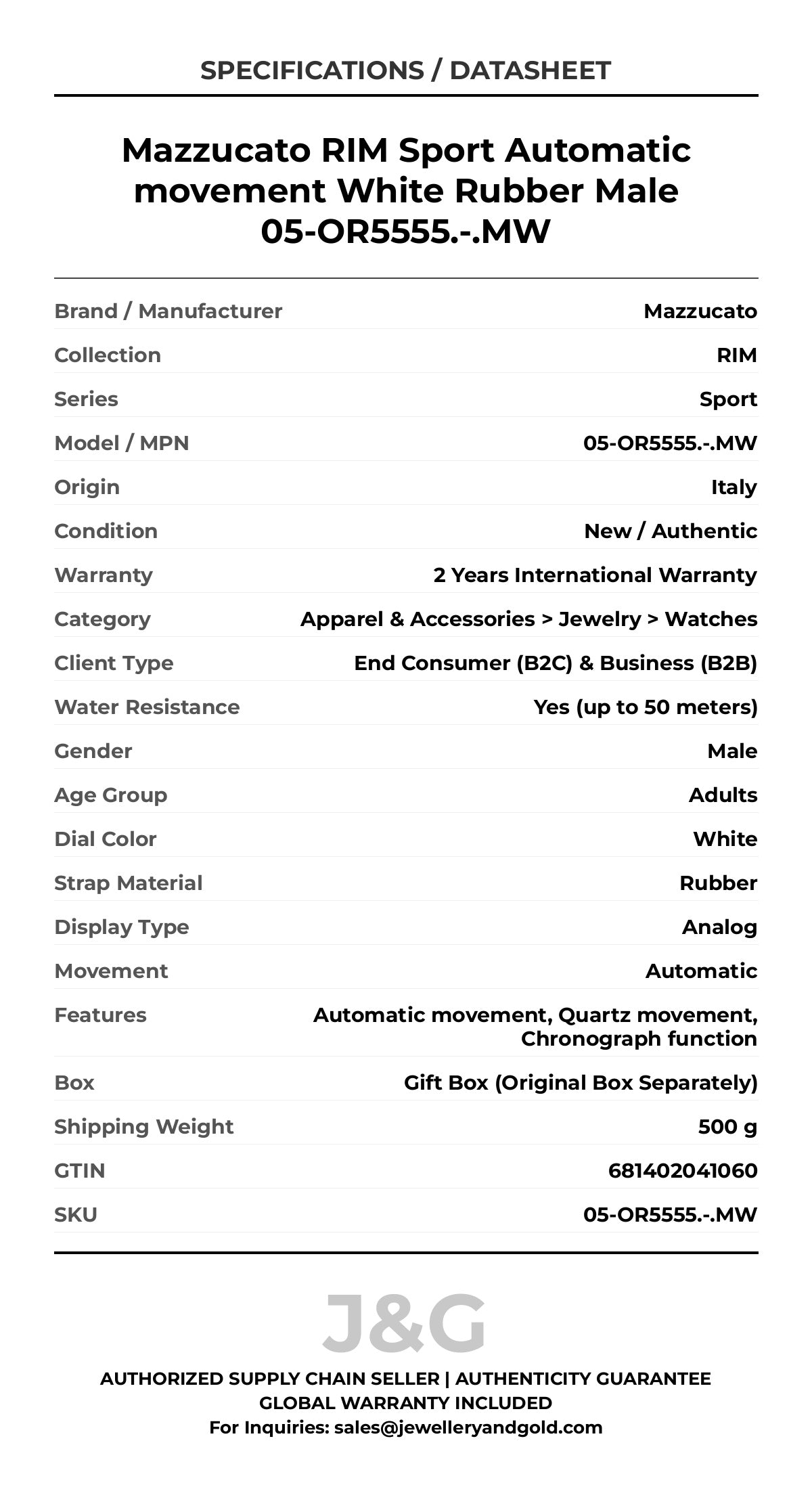 Mazzucato RIM Sport Automatic movement White Rubber Male 05-OR5555.-.MW - Specifications