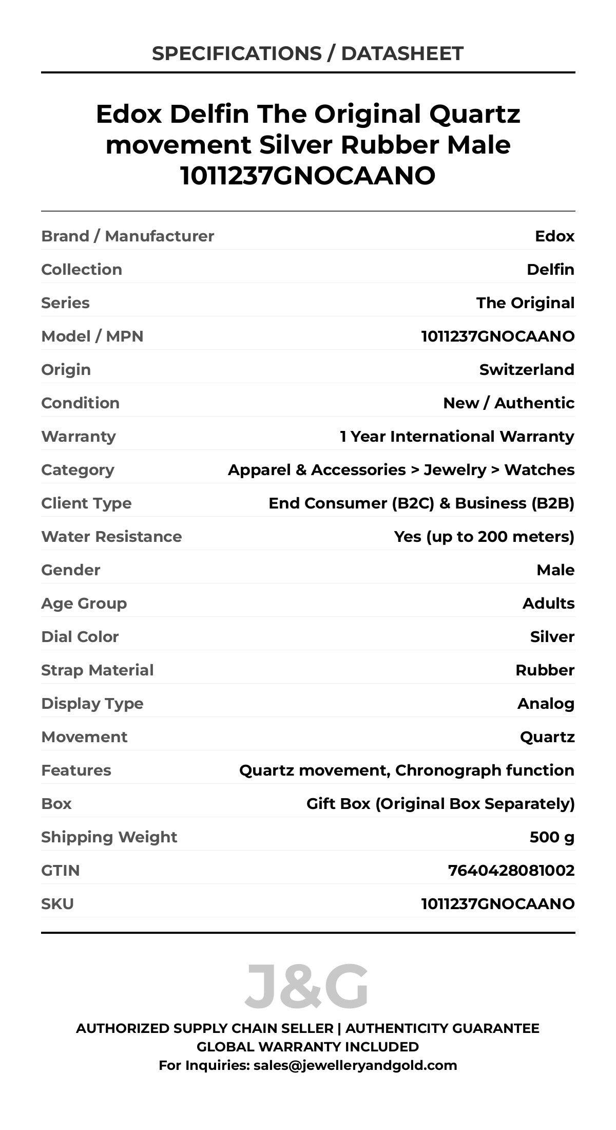 Edox Delfin The Original Quartz movement Silver Rubber Male 1011237GNOCAANO - Specifications