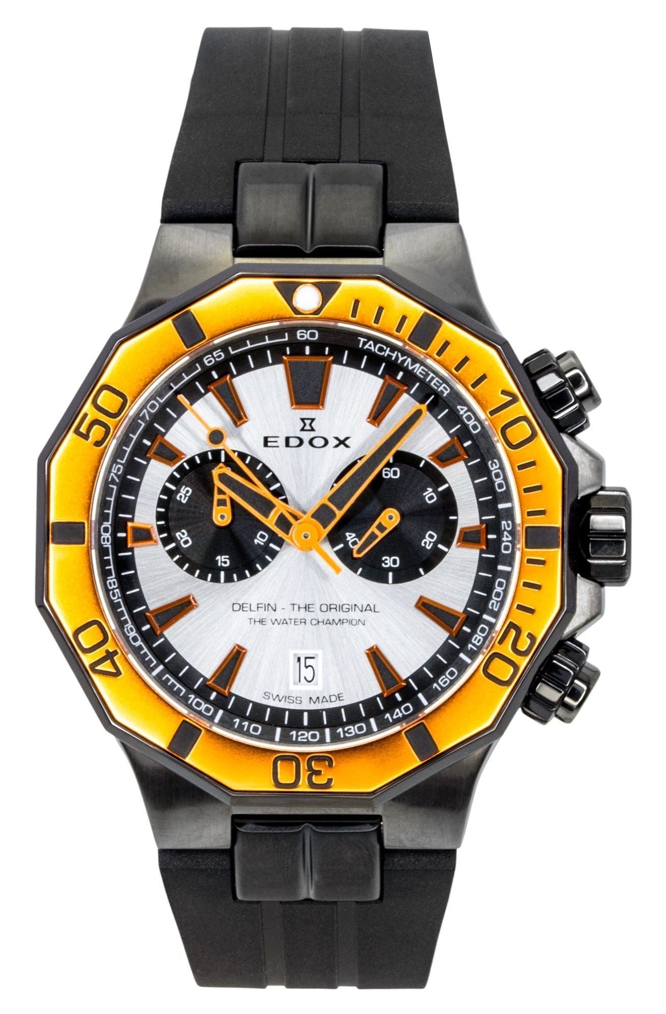 Edox Delfin The Original Quartz movement Silver Rubber Male 1011237GNOCAANO. A brand-new Edox Delfin watch featuring a Silver dial and a Rubber strap. Side view.