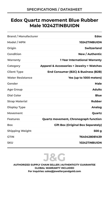 Edox Quartz movement Blue Rubber Male 10242TINBUIDN - Specifications