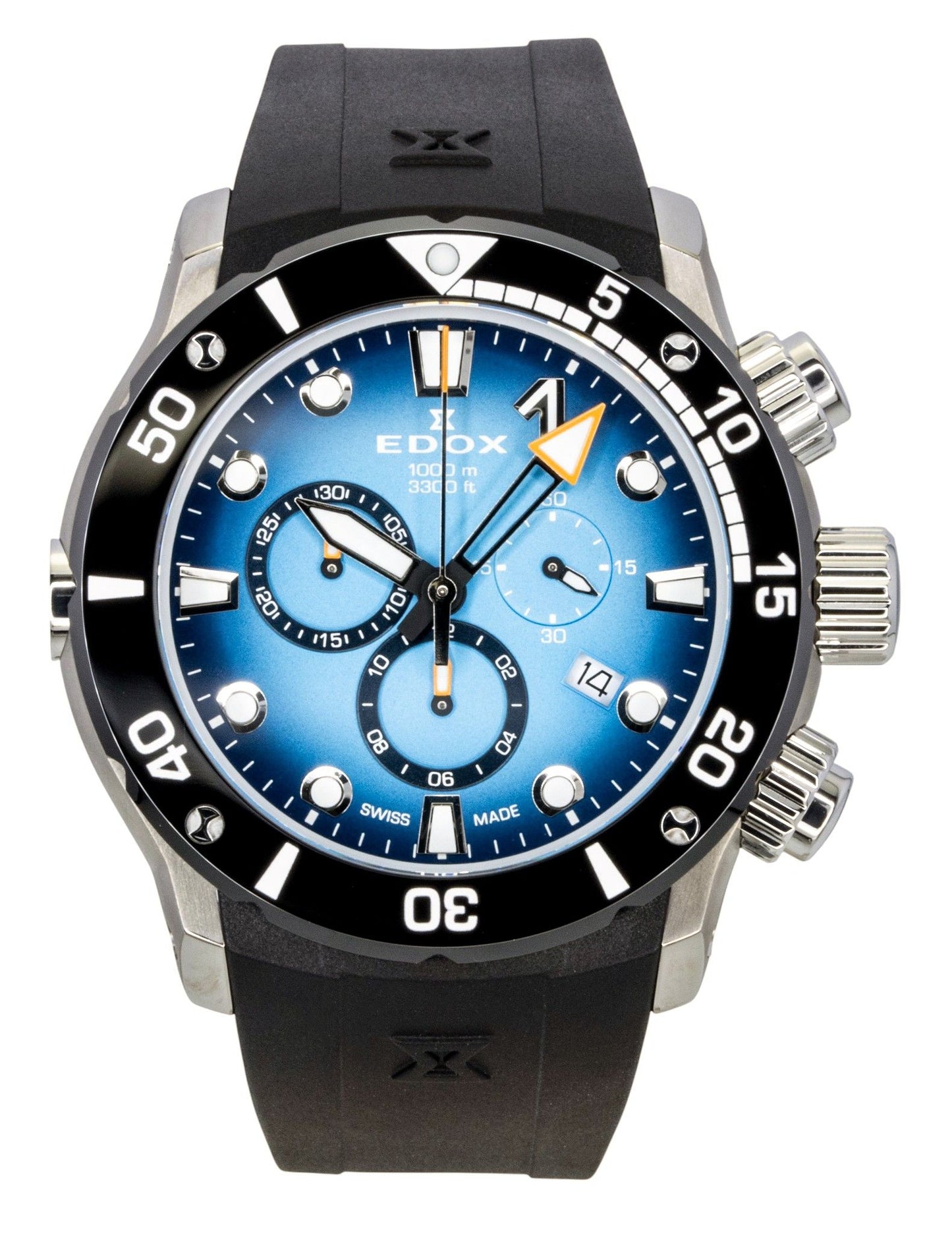 Edox Quartz movement Blue Rubber Male 10242TINBUIDN. A brand-new Edox watch featuring a Blue dial and a Rubber strap. Front view.