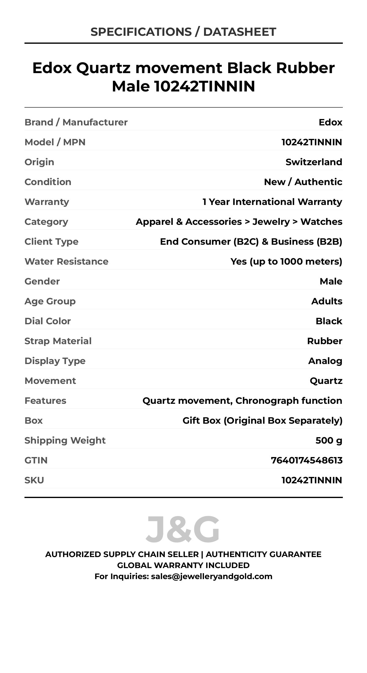 Edox Quartz movement Black Rubber Male 10242TINNIN - Specifications