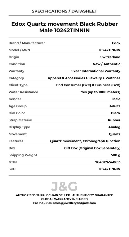 Edox Quartz movement Black Rubber Male 10242TINNIN - Specifications