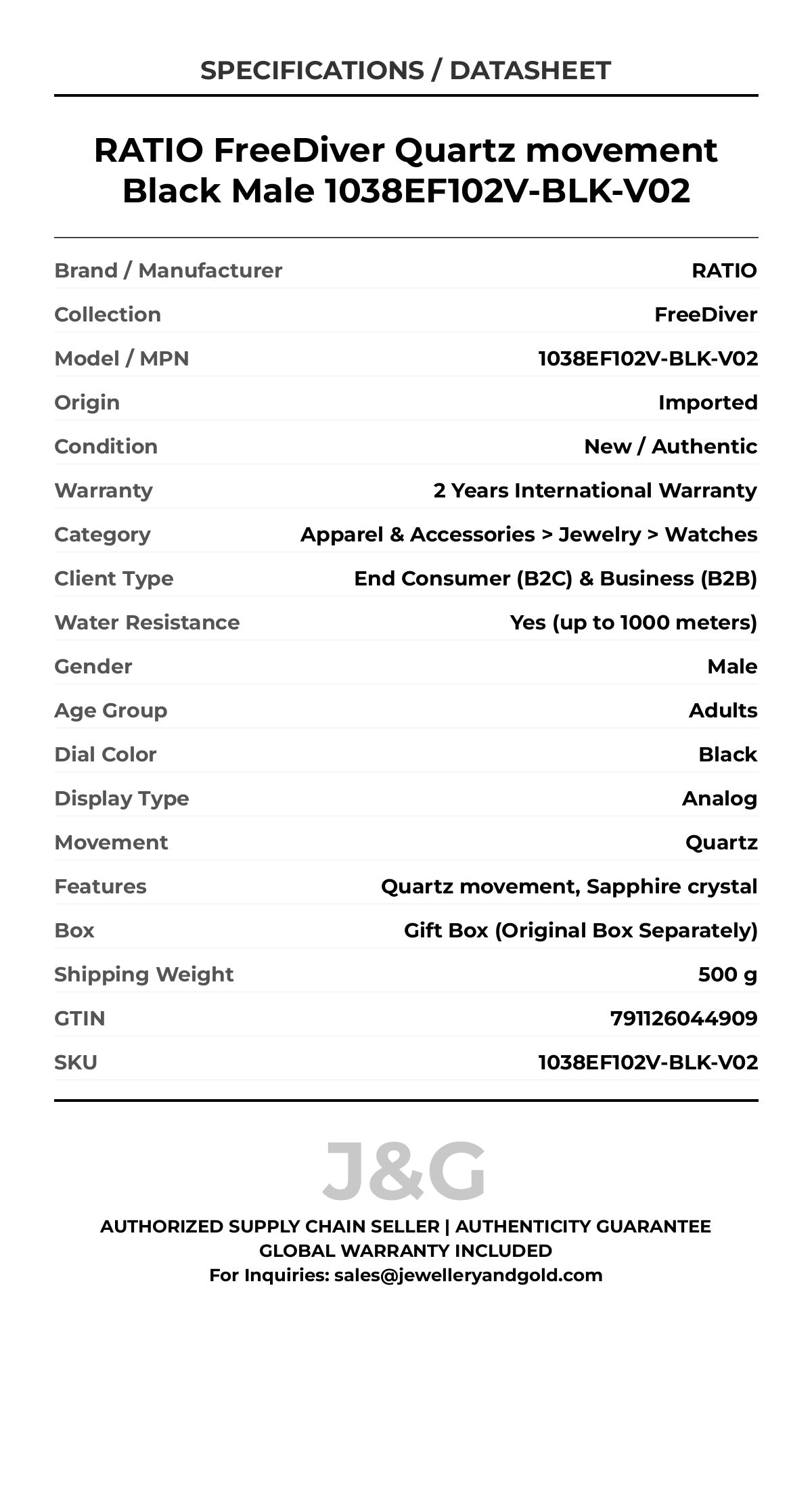 RATIO FreeDiver Quartz movement Black Male 1038EF102V-BLK-V02 - Specifications