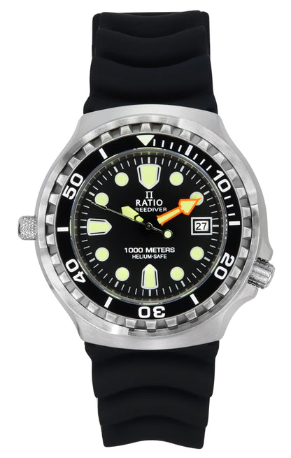 RATIO FreeDiver Quartz movement Black Male 1038EF102V-BLK-V02. A brand-new RATIO FreeDiver watch featuring a Black dial. Angled view.