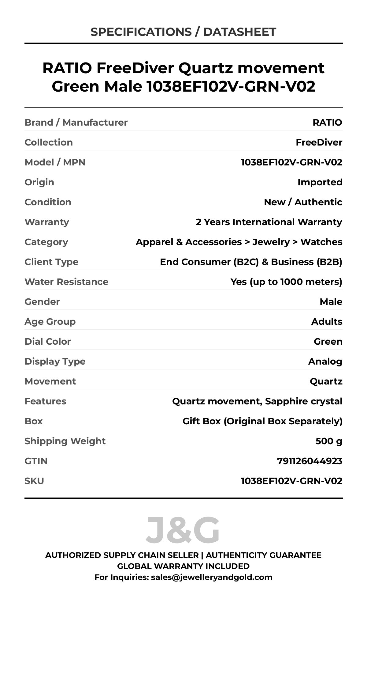 RATIO FreeDiver Quartz movement Green Male 1038EF102V-GRN-V02 - Specifications