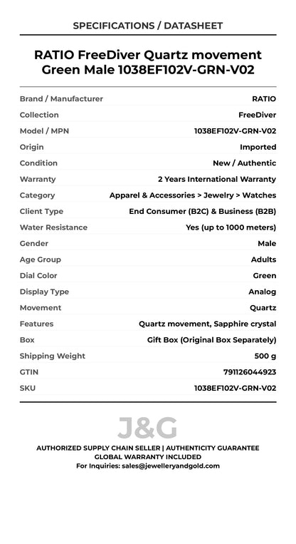 RATIO FreeDiver Quartz movement Green Male 1038EF102V-GRN-V02 - Specifications